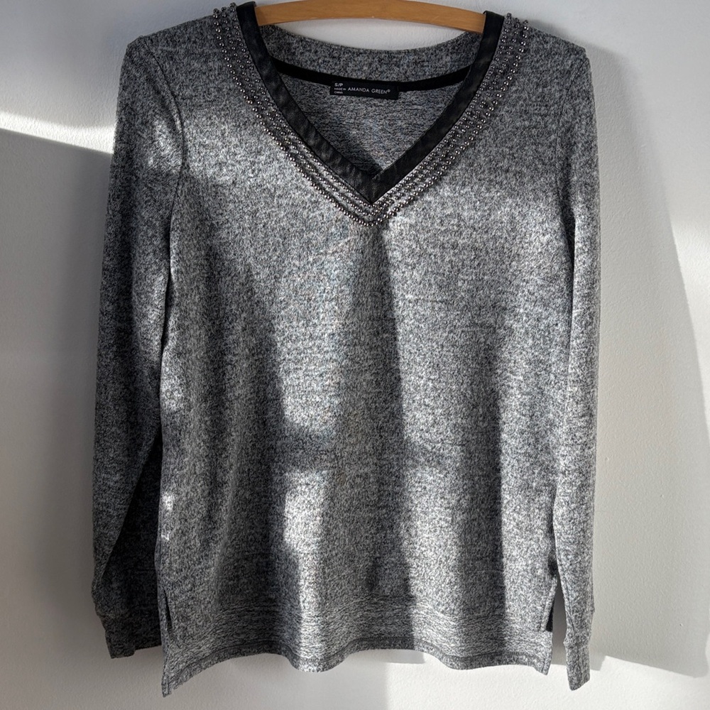Amanda & Chelsea Embellished V-Neck Heather Gray Sweater